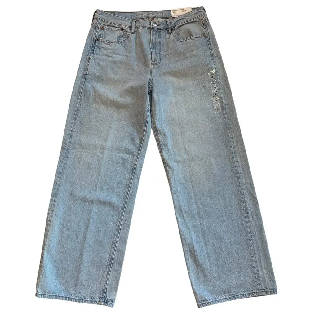 American Eagle 90s Wide Leg Jeans Womens Sz 12 Blue High Rise Stretch Light Wash